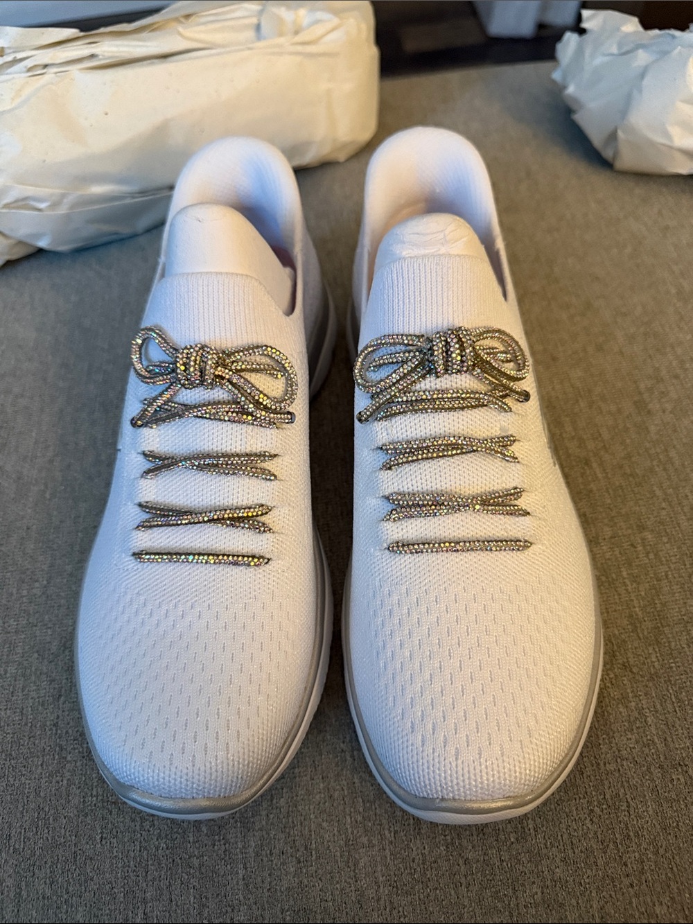 Skechers White Slip-On Knit Sneakers with Metallic Gold Accent Laces